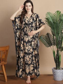 Secret Wish - Black & Gold Floral Rayon Maternity Kaftan