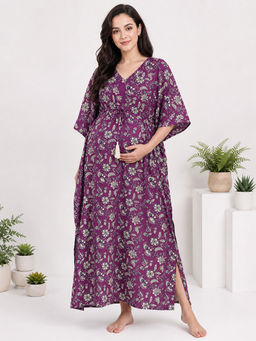 Secret Wish - Purple Floral Print Cotton Maternity Kaftan Nighty