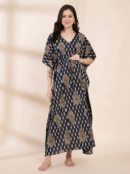 Secret Wish - Navy Blue Motif Printed Cotton Maternity Kaftan