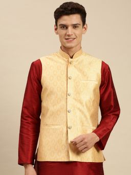 Sanwara - Mens Light Gold Printed Art Silk Ethnic Bandi Jacket