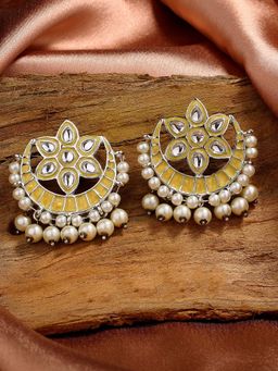 Estele - Rhodium Plated Flower Designer Kundan Earrings with Pearl & Yellow Enamel for Women