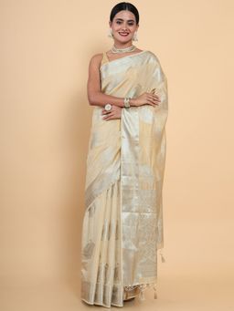 Mimosa - Women Traditional Kasavu Art Silk Beige Saree with Unstitched Blouse