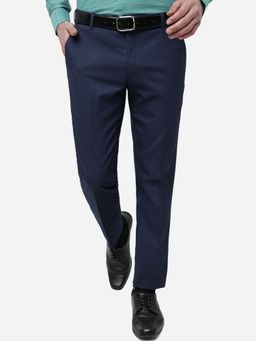 JadeBlue - Men's Solid Navy Blue Terry Rayon Super Slim Fit Formal Trouser