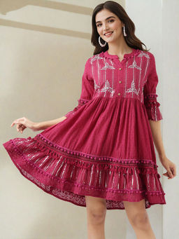 ISHIN - Wine Schiffli Embroidered Dress