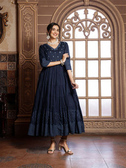 ISHIN - Navy Blue Embellished Printed V-Neck Maxi Tiered Dress
