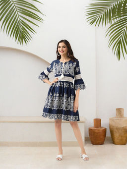 ISHIN - Navy Blue Schiffli Cotton A-Line Dress