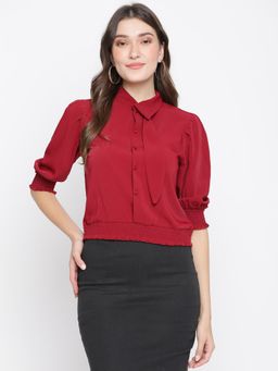 Latin Quarters - Women Maroon Solid Three Fourth Sleeve Blouse