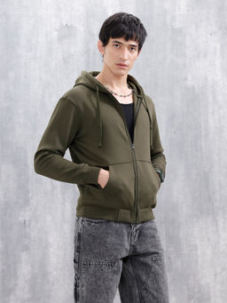 WROGN - Men’S Solid Zip-Up Hoodie neck Olive Jacket