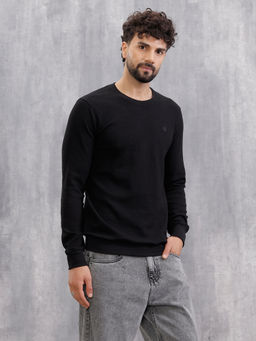 WROGN - Crinkled Solid Textured Knit Long Sleeve Crew Neck T-Shirt