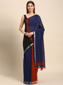 ArtEastri - Navy & Orange Colorblock Cotton Saree Without Blouse Piece