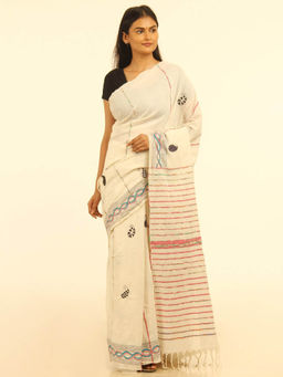 ArtEastri - Off White Khesh Kantha Cotton Saree with Unstitched Blouse