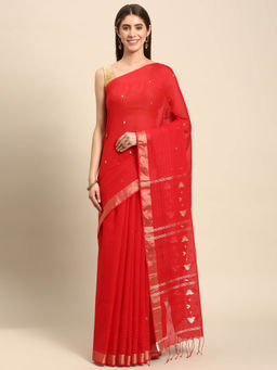 ArtEastri - Red Jamdani Cotton Saree with Unstitched Blouse