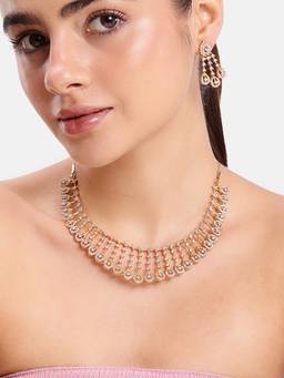 Estele - Gold CZ Regal Fringe Necklace with Earrings
