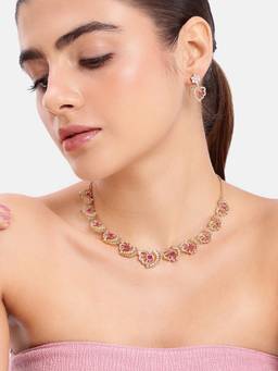 Estele - Gold Ruby CZ Heart Filigree Necklace with Earrings