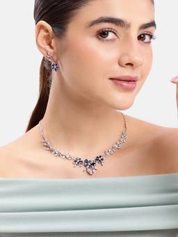 Estele - Rhodium Blue CZ Curved Branch Necklace with Earrings
