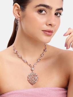 Estele - Rosegold CZ Medallion Pendant Necklace with Earrings