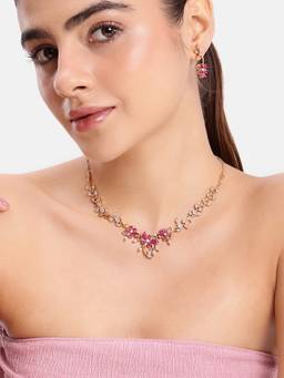 Estele - Gold Ruby CZ Orchard Bloom Necklace with Earrings