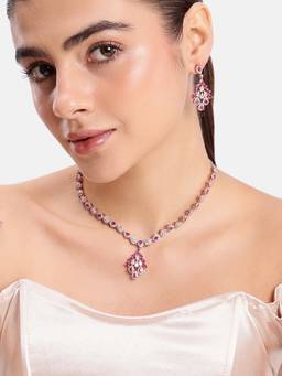 Estele - Elegant Ruby CZ Necklace with Earrings with Matching Earrings
