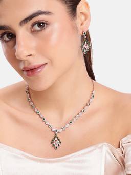 Estele - Rosegold Finish Green CZ Statement Pendant Necklace with Earrings