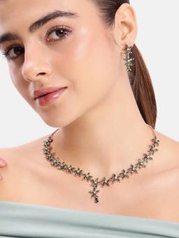 Estele - Rosegold Finish Green CZ Floral Vine Necklace with Earrings