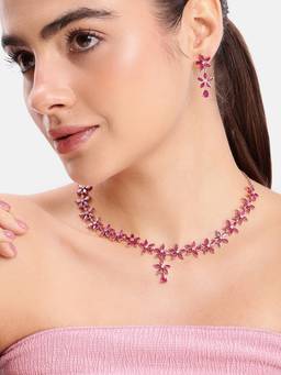 Estele - Rosegold Finish Ruby CZ Blossom Necklace with Earrings for Women