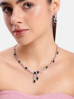 Estele - Rosegold Finish Green CZ Geometric Design Necklace with Earrings