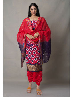 Unnati Silks - Unstitched Pink Pure Bandhani Cotton Salwar Kameez (Set of 3)