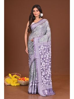 Ramshyam Collection - Womens Kantha Silk Blend Floral Thread Work Grey Saree with Unstitched Blouse