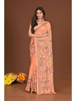 Ramshyam Collection - Womens Kantha Silk Blend Floral Thread Work Orange Saree with Unstitched Blouse