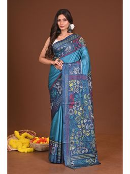 Ramshyam Collection - Womens Kantha Silk Blend Floral Thread Work Blue Saree with Unstitched Blouse