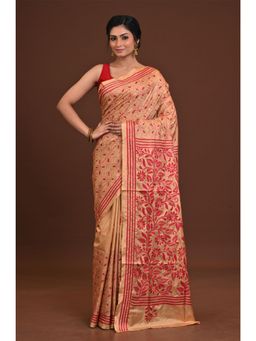 Ramshyam Collection - Womens Kantha Art Silk Embroidered Beige Saree with Unstitched Blouse