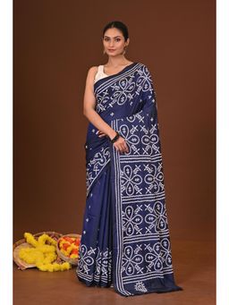 Ramshyam Collection - Womens Kantha Silk Blend Printed Navy Blue Saree with Unstitched Blouse