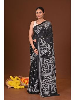 Ramshyam Collection - Womens Kantha Silk Blend Printed Black Saree with Unstitched Blouse