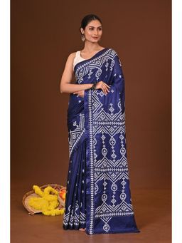 Ramshyam Collection - Womens Kantha Silk Blend Printed Blue Saree with Unstitched Blouse