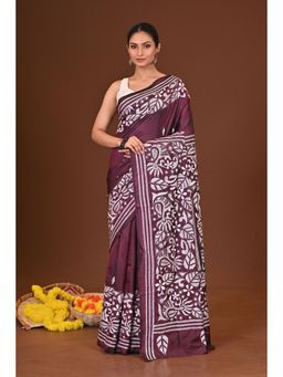 Ramshyam Collection - Womens Kantha Silk Blend Thread Work Purple Saree with Unstitched Blouse