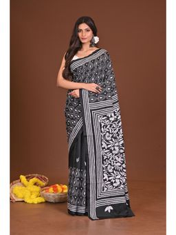 Ramshyam Collection - Womens Kantha Silk Blend Thread Work Black Saree with Unstitched Blouse