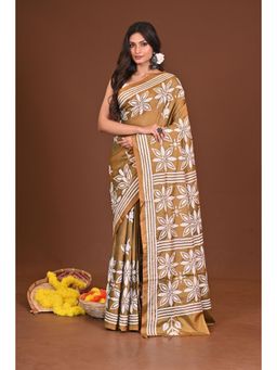 Ramshyam Collection - Womens Kantha Silk Blend Thread Work Khaki Saree with Unstitched Blouse