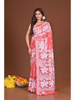 Ramshyam Collection - Womens Kantha Silk Blend Thread Work Coral Saree with Unstitched Blouse