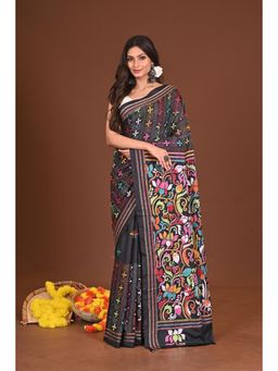 Ramshyam Collection - Womens Kantha Silk Blend Printed Thread Work Black Saree with Unstitched Blouse