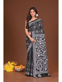 Ramshyam Collection - Womens Kantha Silk Blend Thread Work Black Saree with Unstitched Blouse