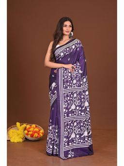 Ramshyam Collection - Womens Kantha Silk Blend Thread Work Purple Saree with Unstitched Blouse