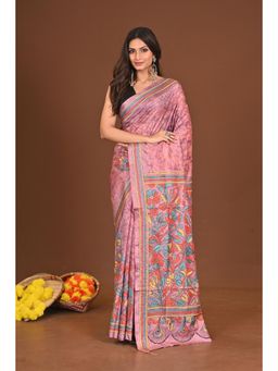 Ramshyam Collection - Womens Kantha Silk Blend Printed Thread Work Pink Saree with Unstitched Blouse