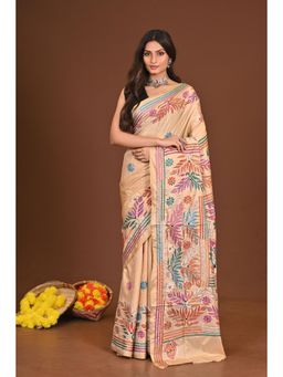 Ramshyam Collection - Womens Kantha Silk Blend Thread Work Beige Saree with Unstitched Blouse