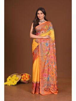 Ramshyam Collection - Womens Kantha Silk Blend Thread Work Mustard Saree with Unstitched Blouse