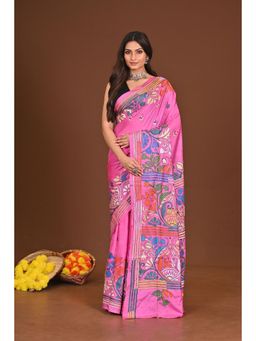 Ramshyam Collection - Womens Kantha Silk Blend Thread Work Pink Saree with Unstitched Blouse
