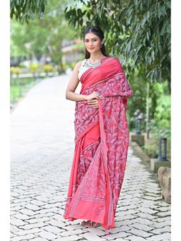 Ramshyam Collection - Womens Silk Blend Floral Thread Work Pink Saree with Unstitched Blouse