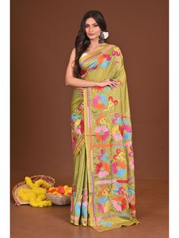 Ramshyam Collection - Womens Kantha Silk Blend Thread Work Green Saree with Unstitched Blouse
