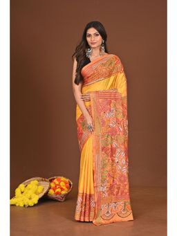 Ramshyam Collection - Womens Kantha Silk Blend Thread Work Yellow Saree with Unstitched Blouse