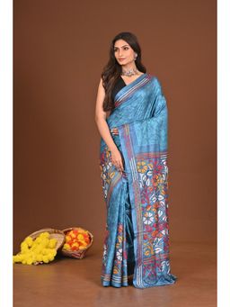 Ramshyam Collection - Womens Kantha Silk Blend Printed Thread Work Blue Saree with Unstitched Blouse