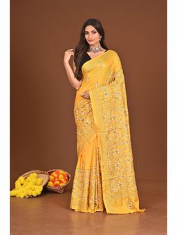 Ramshyam Collection - Womens Kantha Silk Blend Thread Work Yellow Saree with Unstitched Blouse
